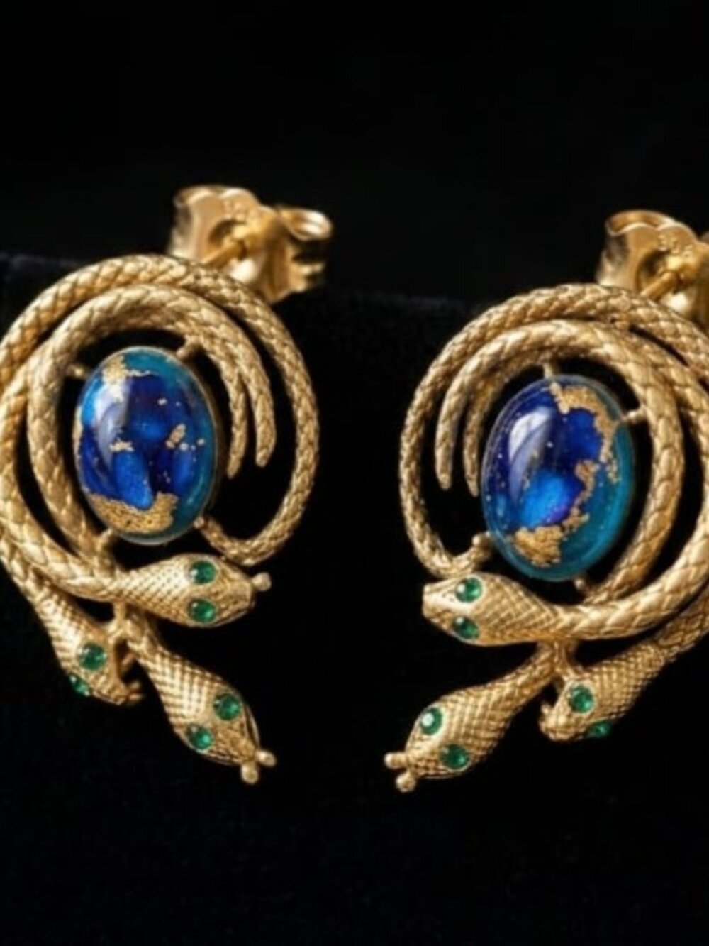 Gold Tone Coiled Snake Stud Earrings Lapis Blue Faux Stone #130